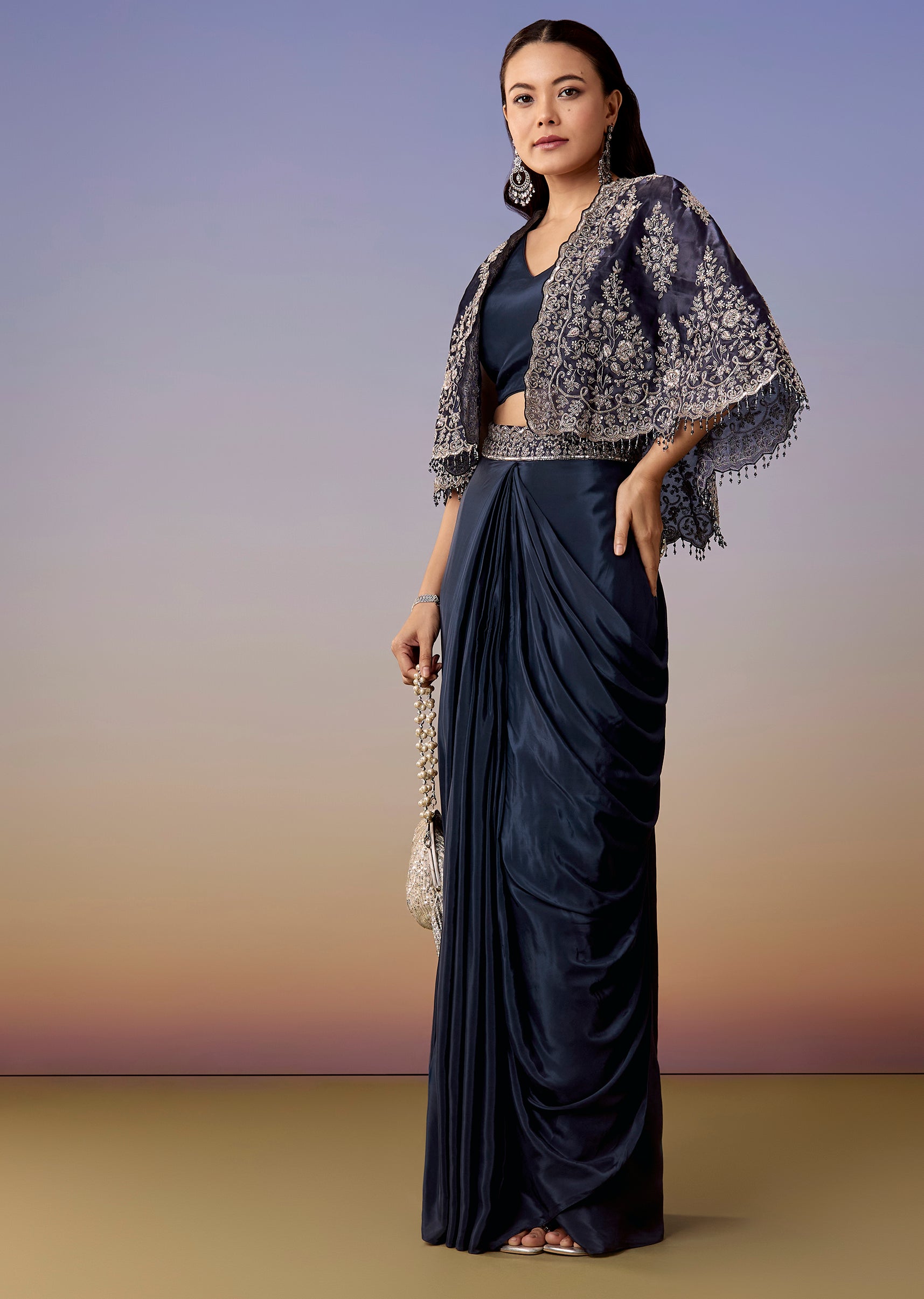 Navy Cape Drape Skirt Set