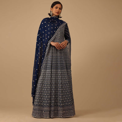Navy Blue Anarkali Suit Set In Georgette With Thread Work All Over
