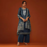 Navy Blue Embroidered Kurti And Palazzo Set In Tussar Silk