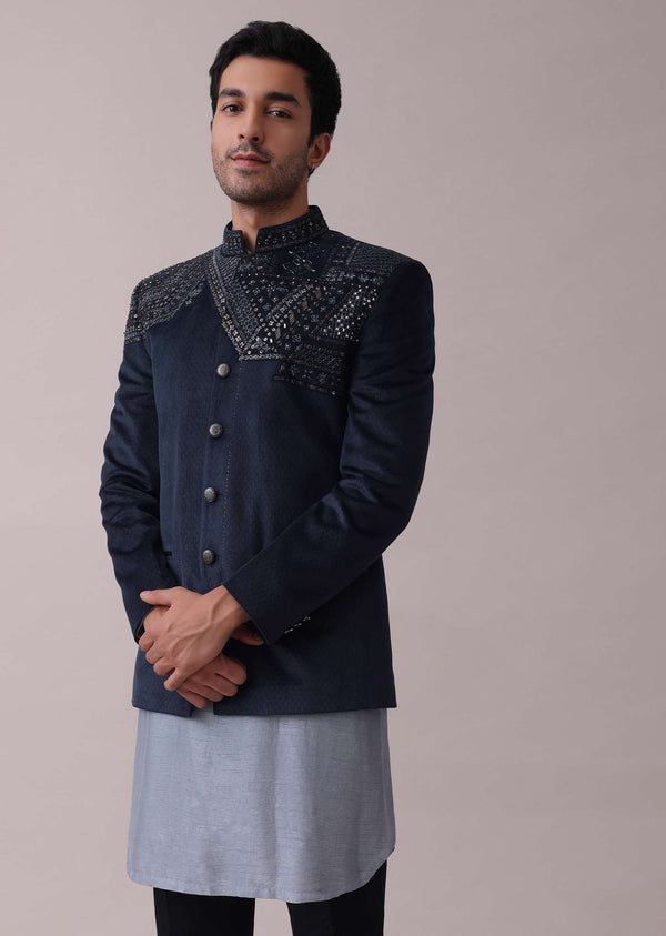 Navy Blue Indowestern Jacket Set In Rayon With Cut Dana And Bead Embroidery