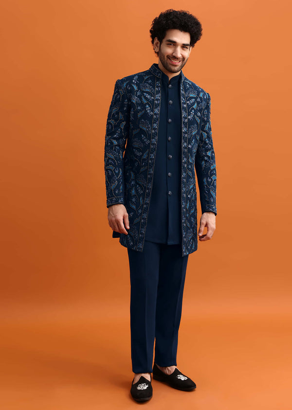 Navy Blue Indowestern Set With Hand Work For Men