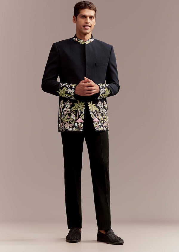Navy Blue Jodhpuri Suit For Men With Tropical Floral Embroidery