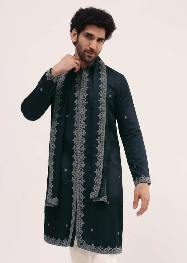 Navy Blue Kurta Set In Resham Work With Dupatta For Men