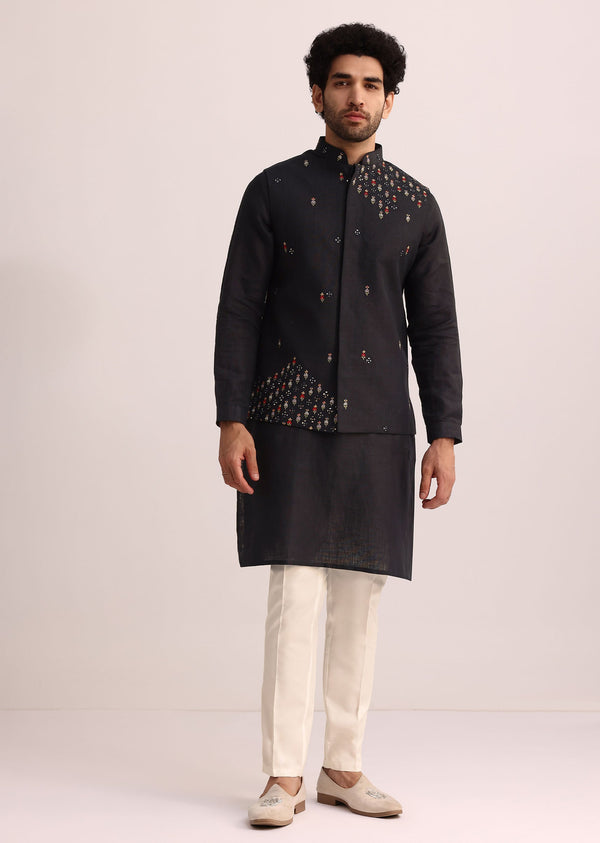 Navy Blue Linen Jacket Kurta Set With Mirror Work