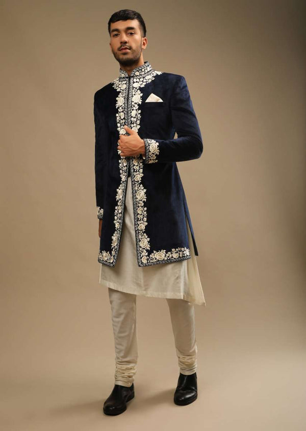 Navy Blue Sherwani In Velvet With White Resham Embroidered Floral Motifs And A Line Kurta Set