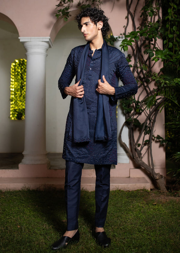 Navy Blue Silk Blend Embroidered Kurta Set With Dupatta