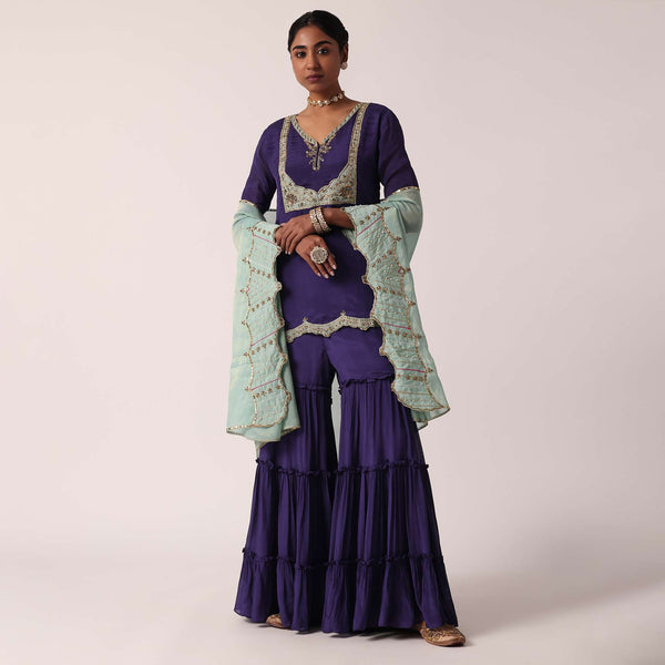 Navy Blue Silk Sharara Set With Zari Embroidery