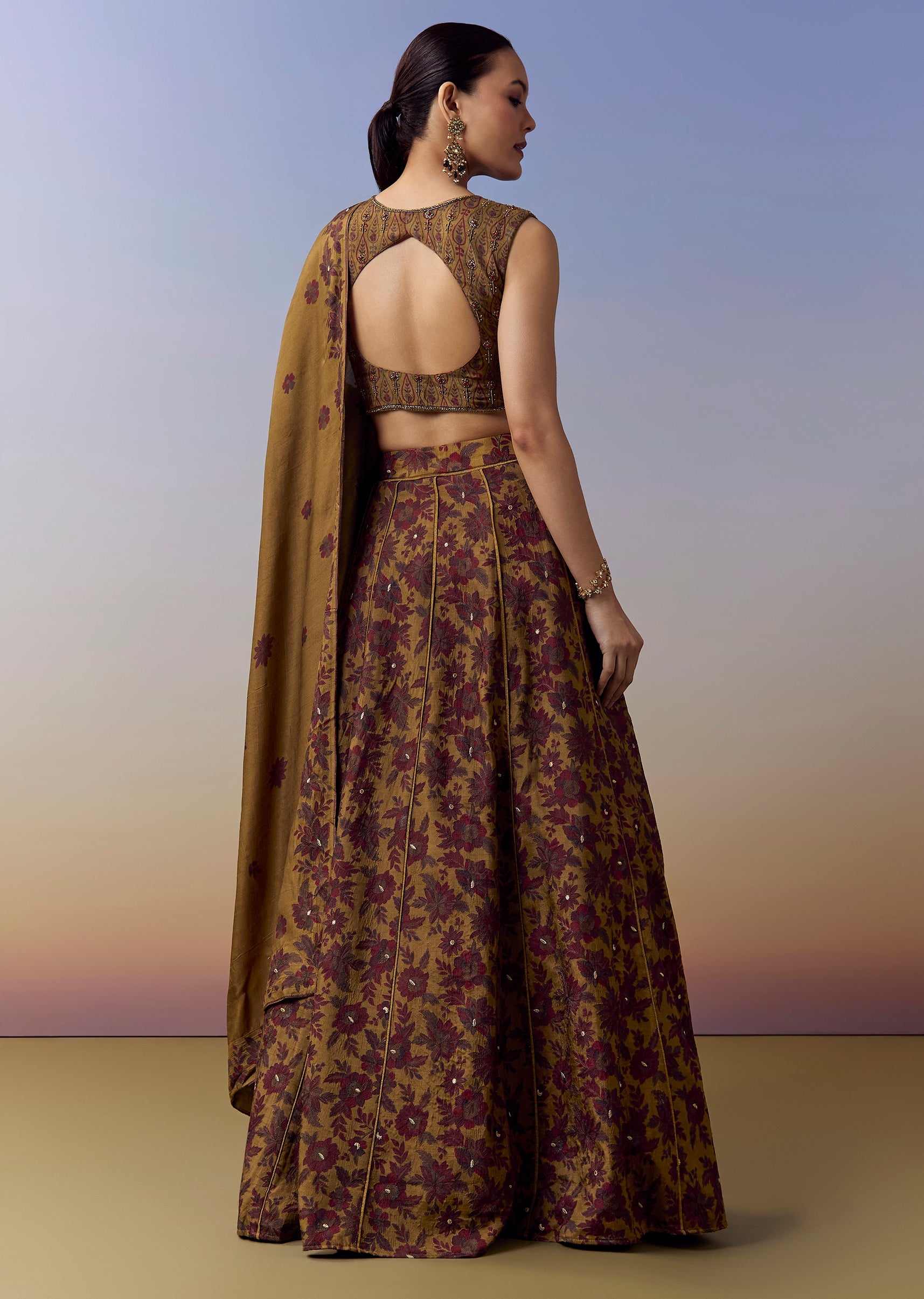 Ochre Yellow Bridesmaid Lehenga With Floral Print And Cut Dana Beads Work Ochre Yellow Bridesmaid Lehenga With Floral Print And Cut Dana Beads Work