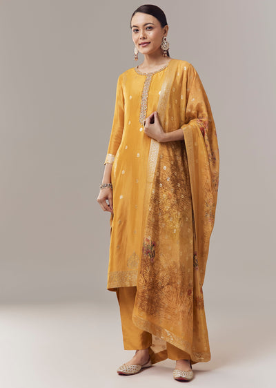Ochre Yellow Kurta Set With Banarasi Organza Weave And Dupatta