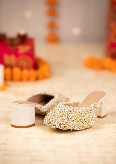 Off White Bead Hand Embellished Mules