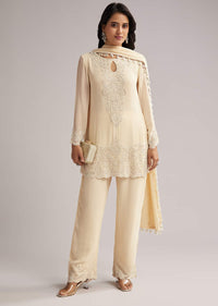 Off White Beaded Short Kurti Pant Set With Dupatta