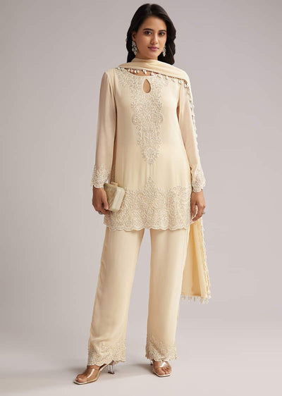 Off White Beaded Short Kurti Pant Set With Dupatta