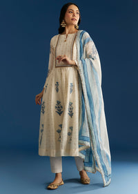 Off White Block Print Anarkali With Zardosi Yoke And Block Print Dupatta