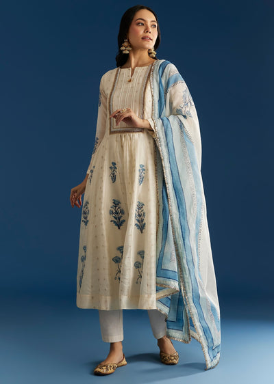 Off White Block Print Anarkali With Zardosi Yoke And Block Print Dupatta