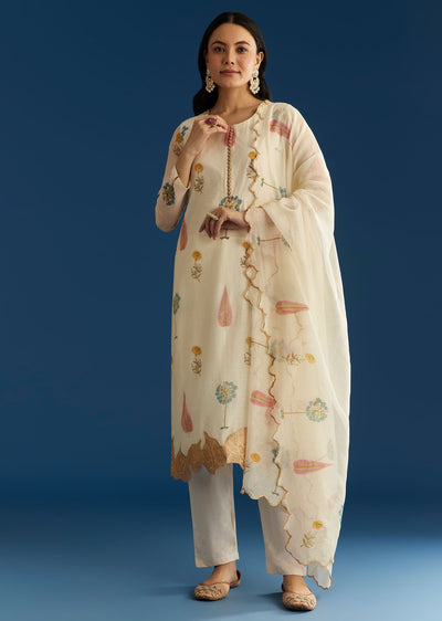 Off White Block Print Kurta And Dupatta Set In Mull Chanderi