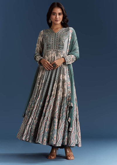 Off White Blue Printed Muslin Anarkali With Dupatta