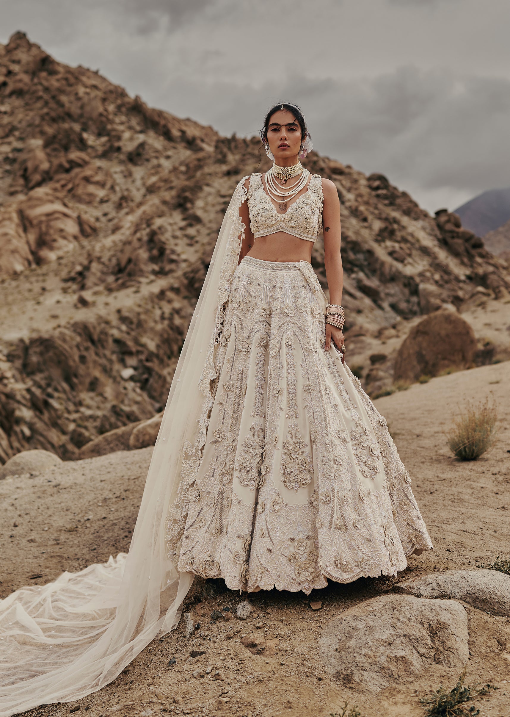 Off White Bridal Lehenga With Pearl And Crystal Embroidery