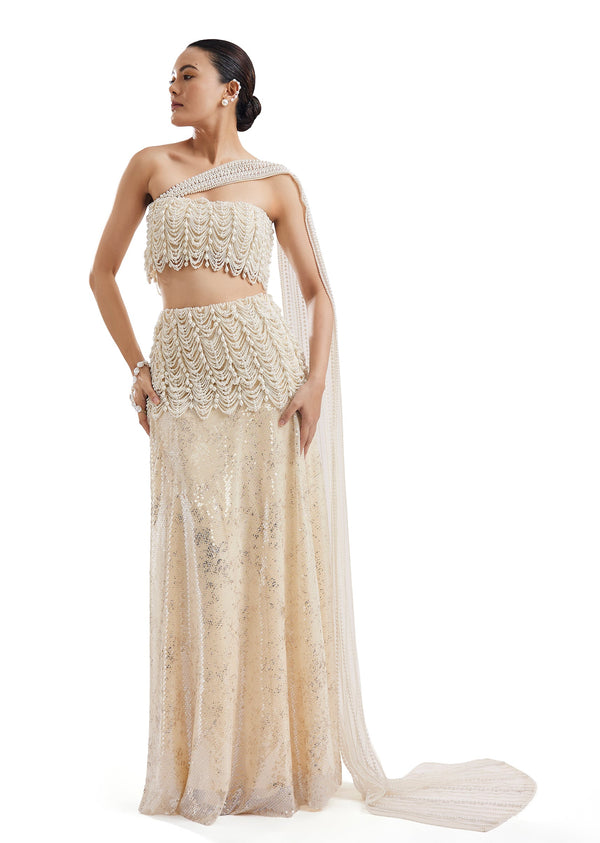 Off-White Bustier Lehenga With Detachable Pallu