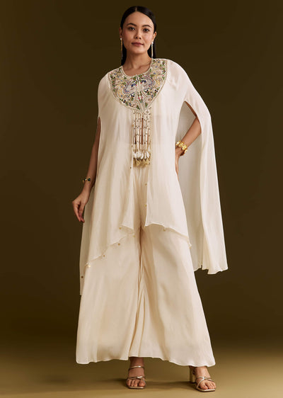 Off White Chinon Cape Suit With Zardosi And Moti Embroidery