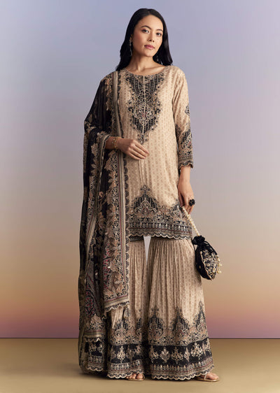 Off White Crepe Sharara Suit With Paisley Print And Contrast Dupatta