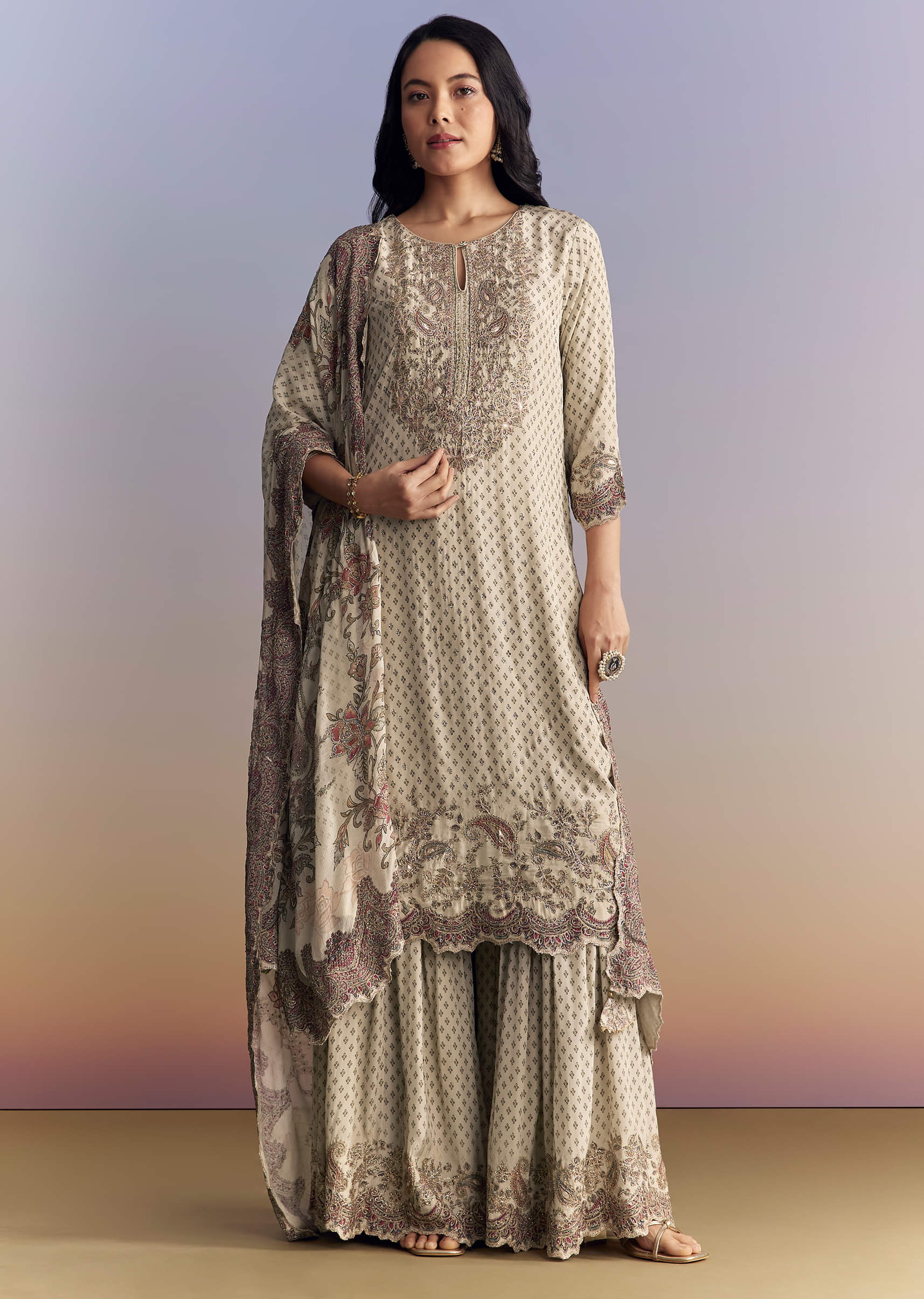 Off White Crepe Sharara Suit With Paisley Print