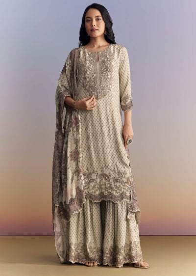 Off White Crepe Sharara Suit With Paisley Print