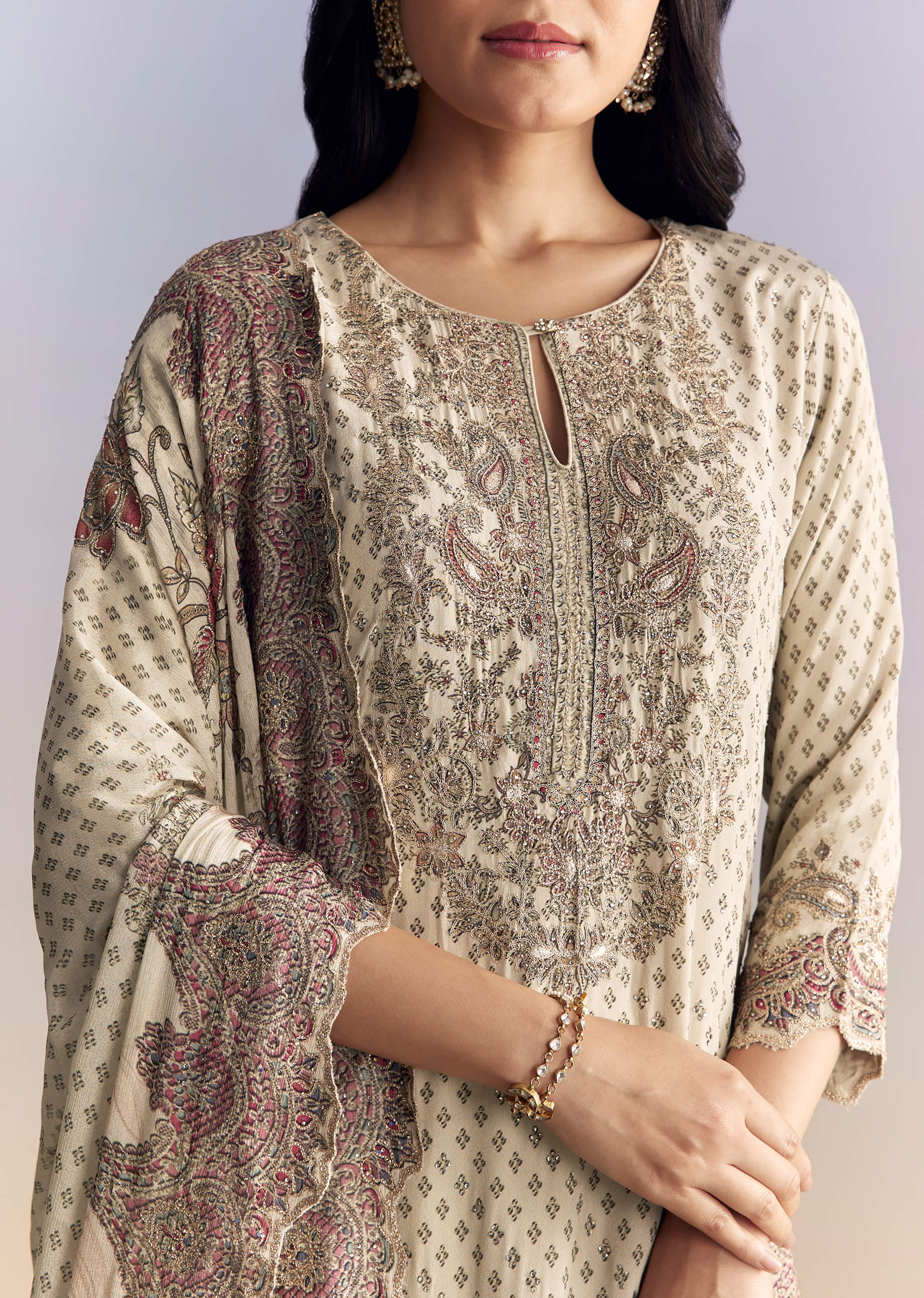 Off White Crepe Sharara Suit With Paisley Print