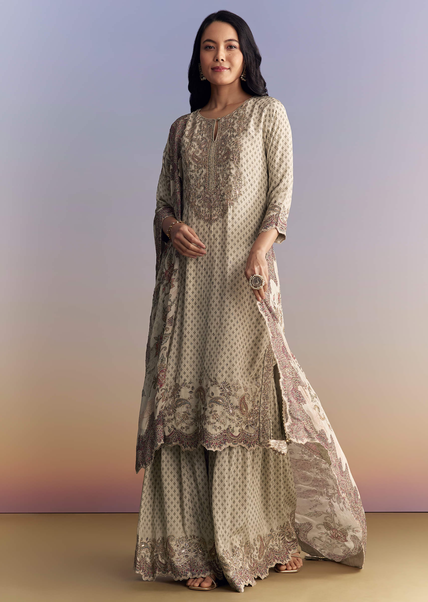 Off White Crepe Sharara Suit With Paisley Print