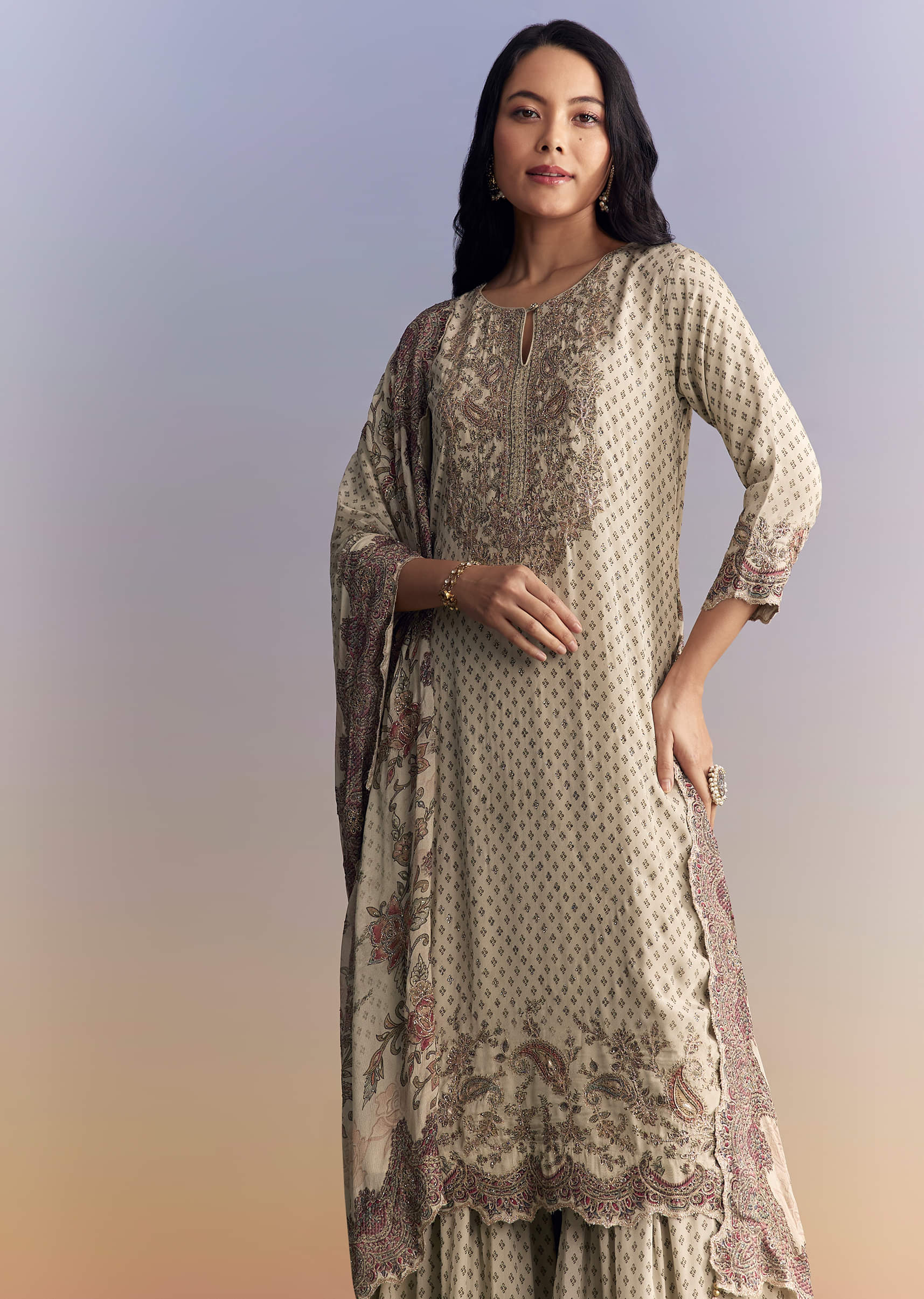 Off White Crepe Sharara Suit With Paisley Print