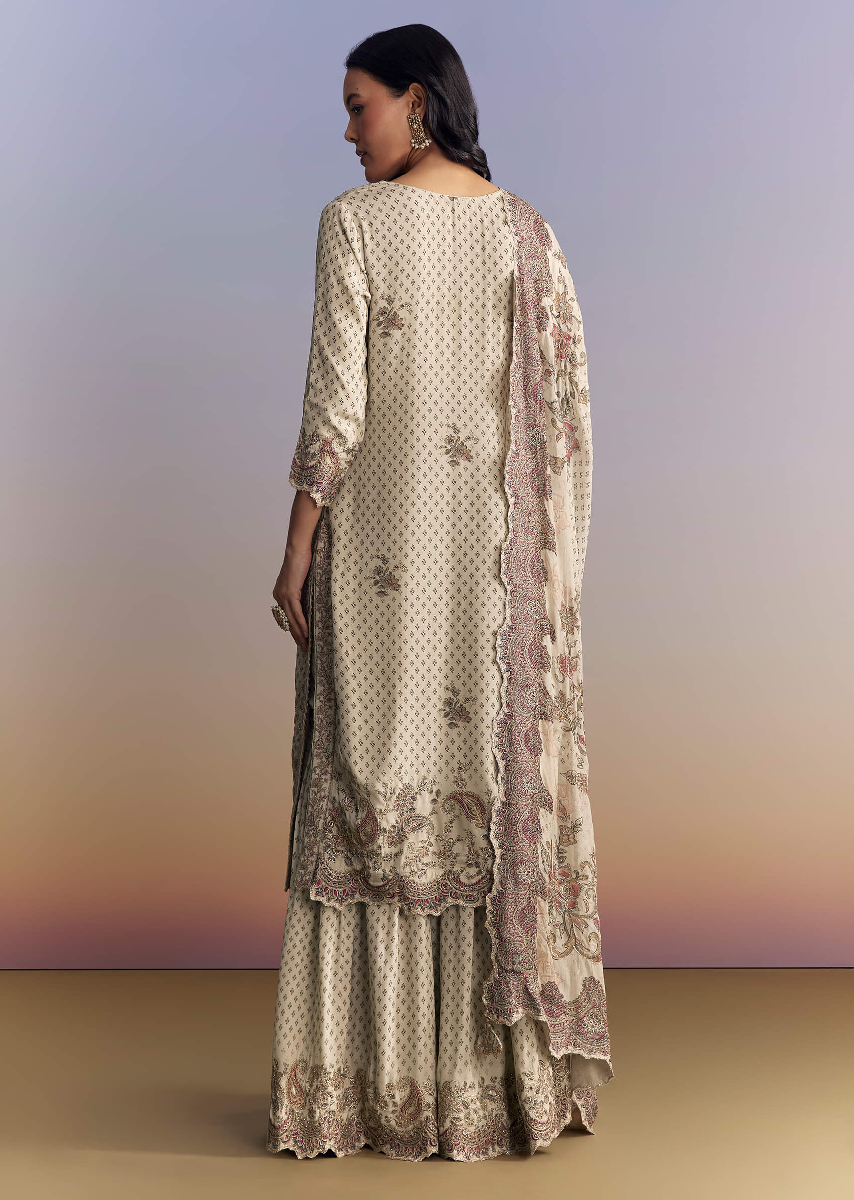 Off White Crepe Sharara Suit With Paisley Print