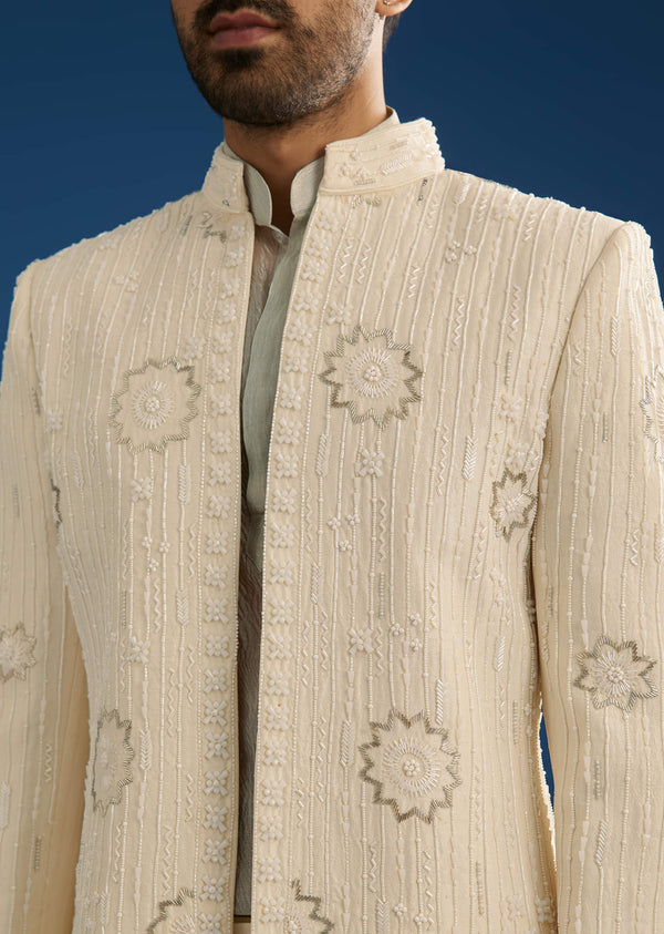 Off White Crush Tissue Sherwani Set With Beads And Cutdana Work