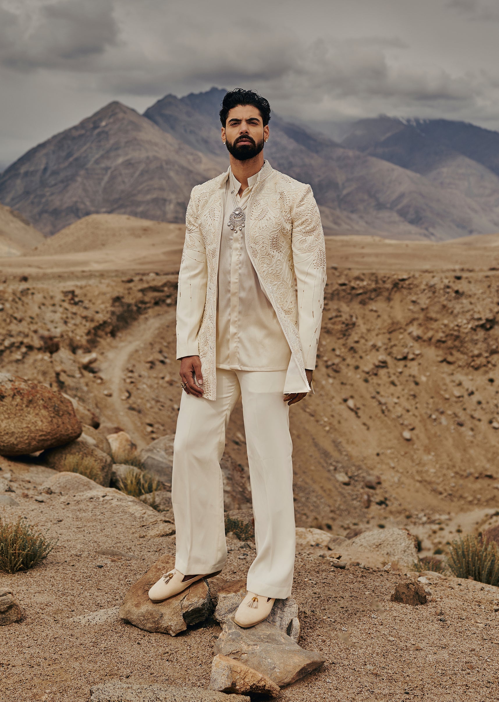 Off White Embroidered Bandhgala Set