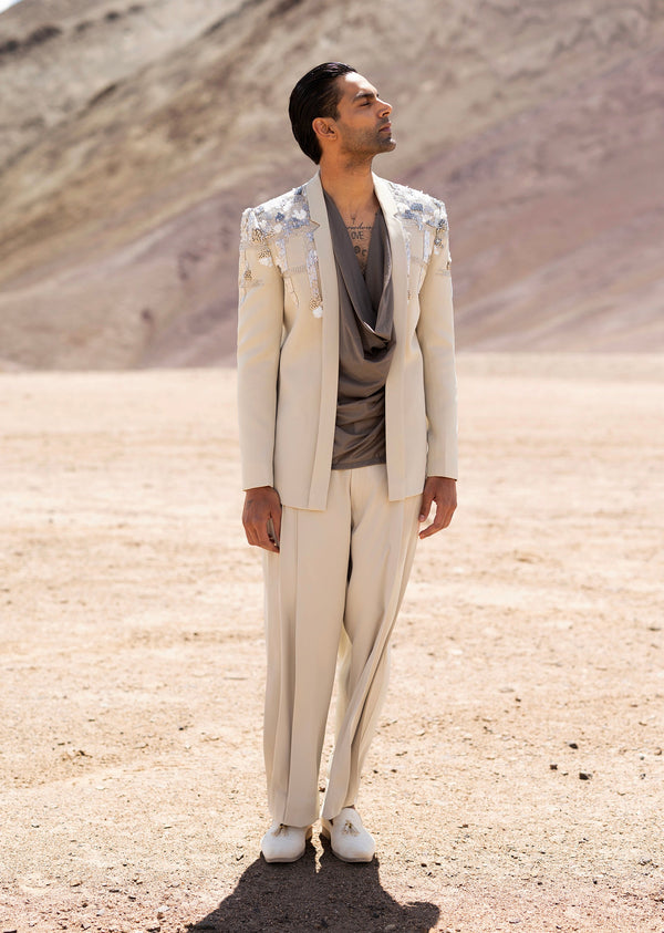 Off White Embroidered Blazer Set With Grey Draped Shirt