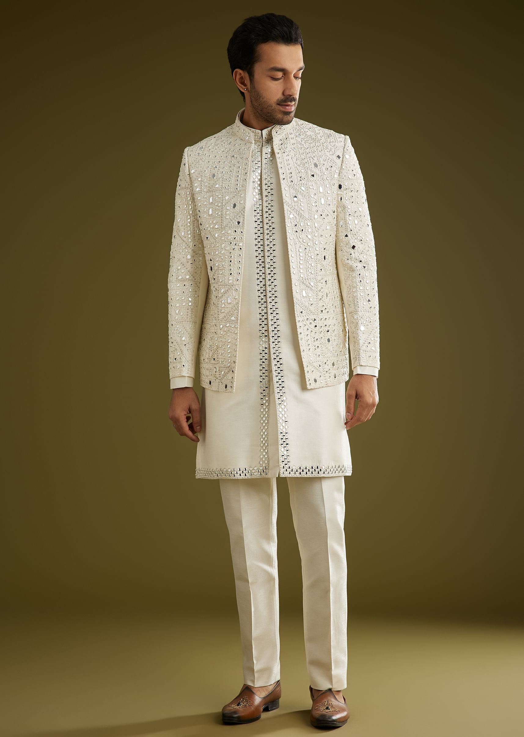 Off White Indo Western Set With Mirror And Thread Work On Silk