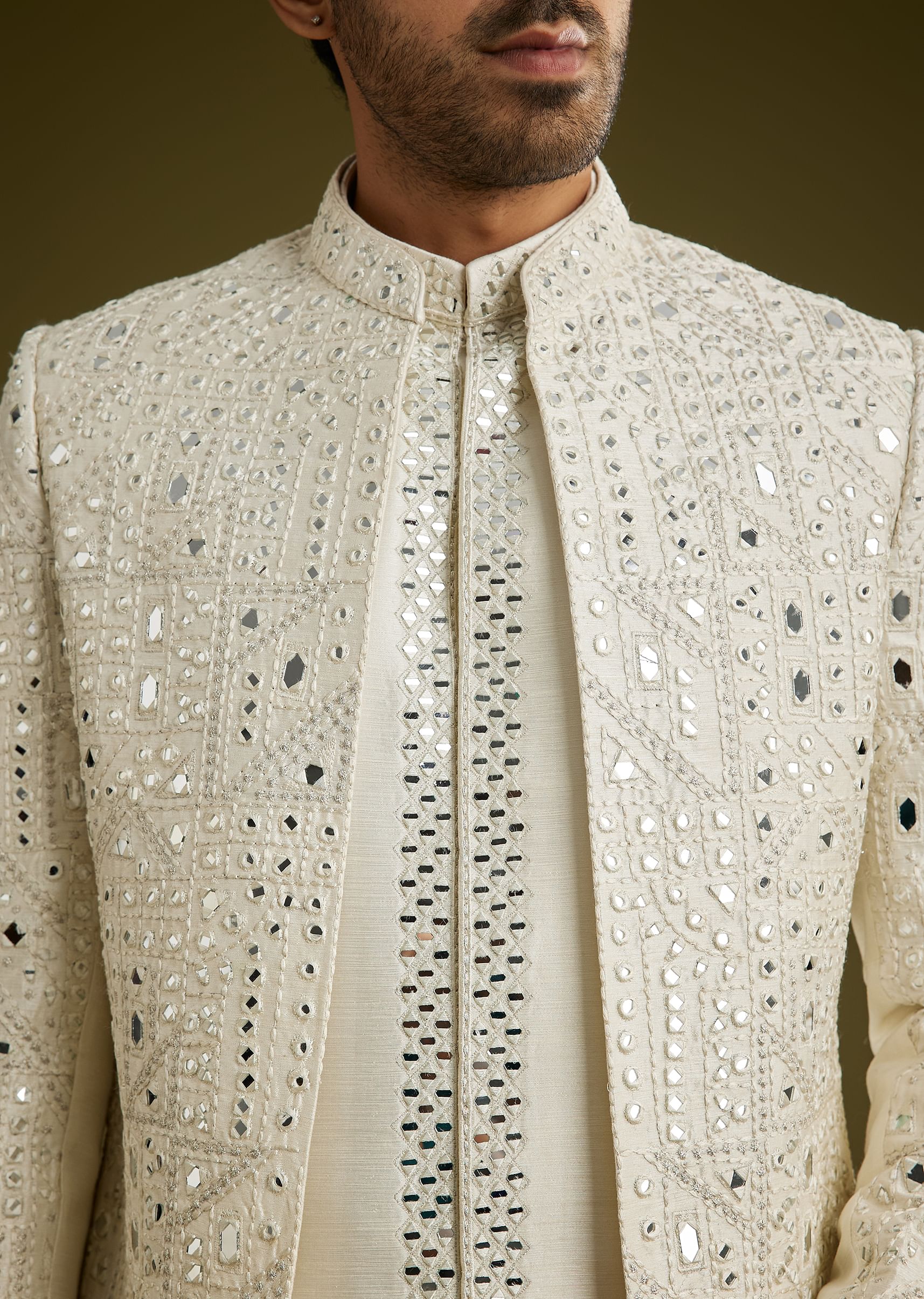 Off White Indo Western Set With Mirror And Thread Work On Silk