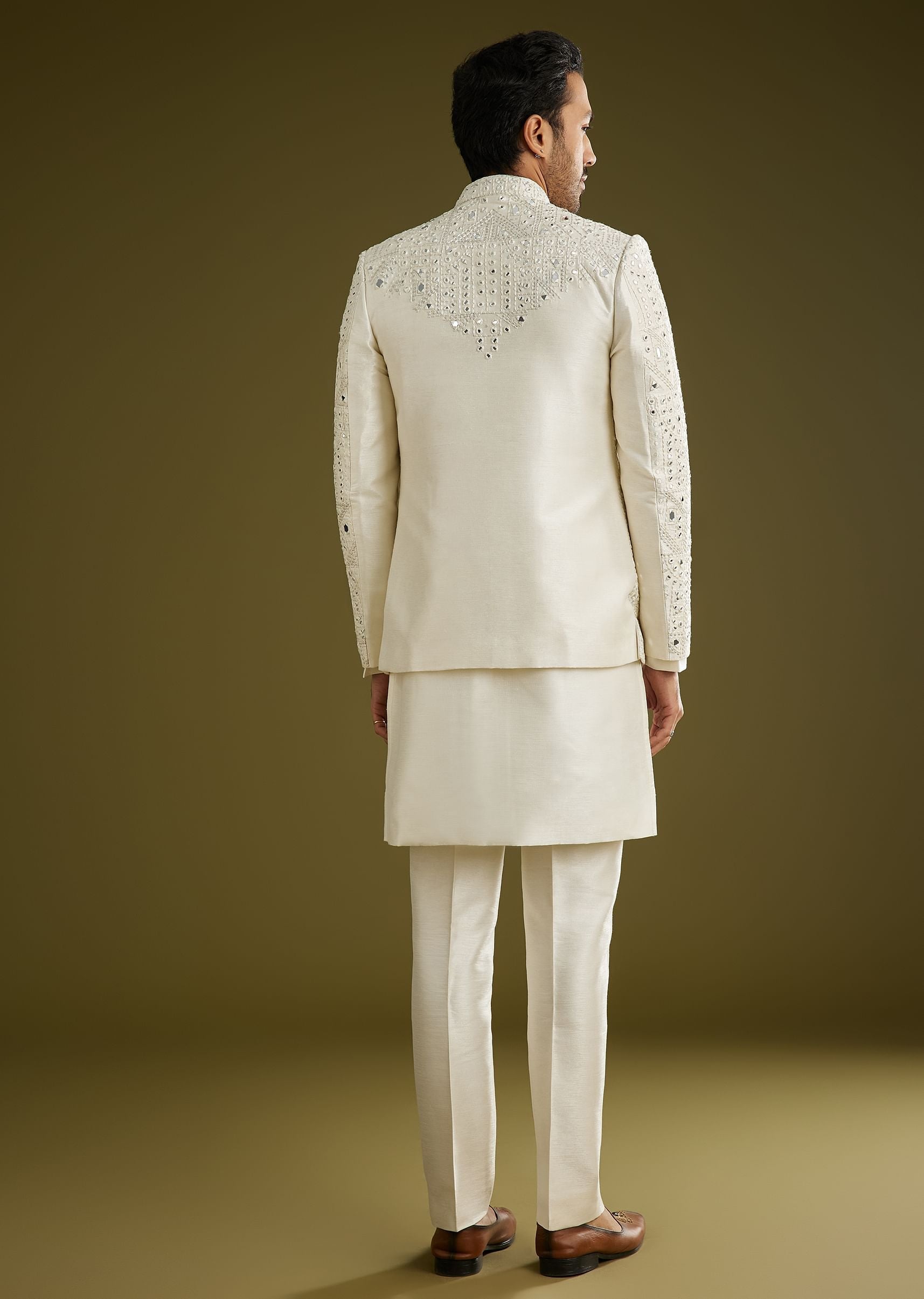 Off White Indo Western Set With Mirror And Thread Work On Silk