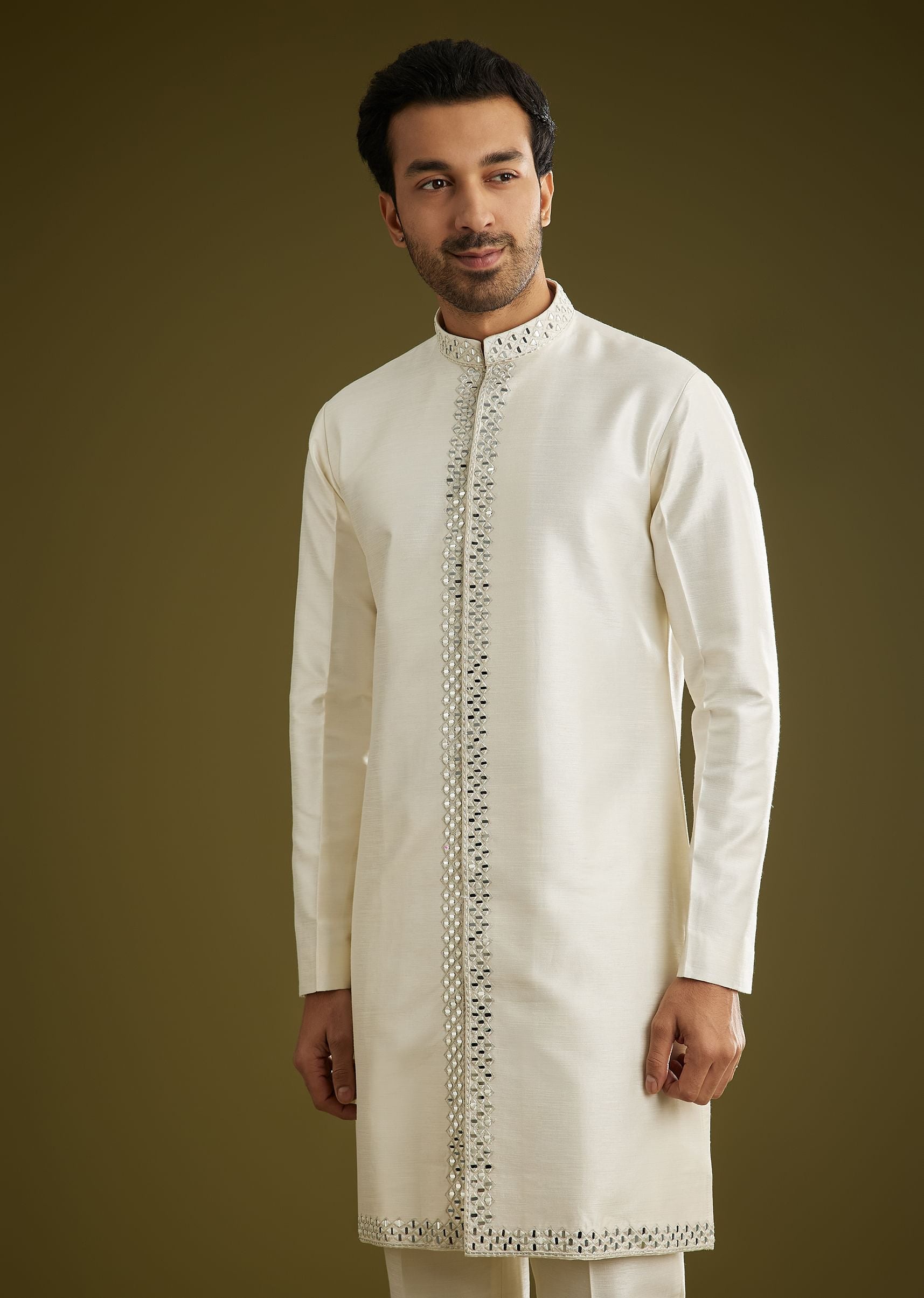 Off White Indo Western Set With Mirror And Thread Work On Silk