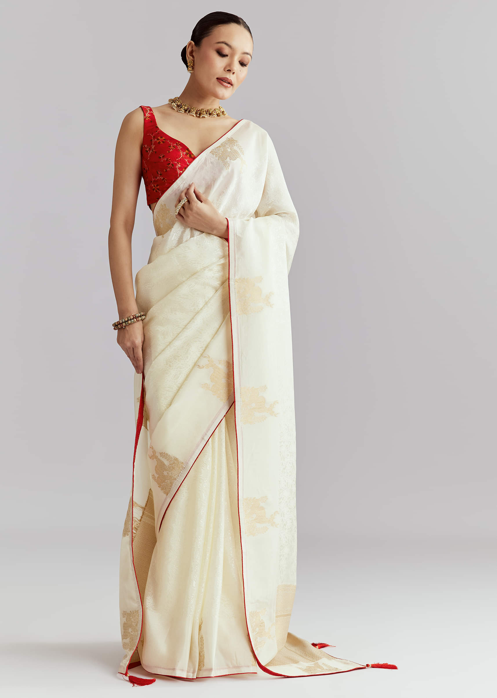 Off White Jacquard Silk Woven Saree With Zari Embroidery
