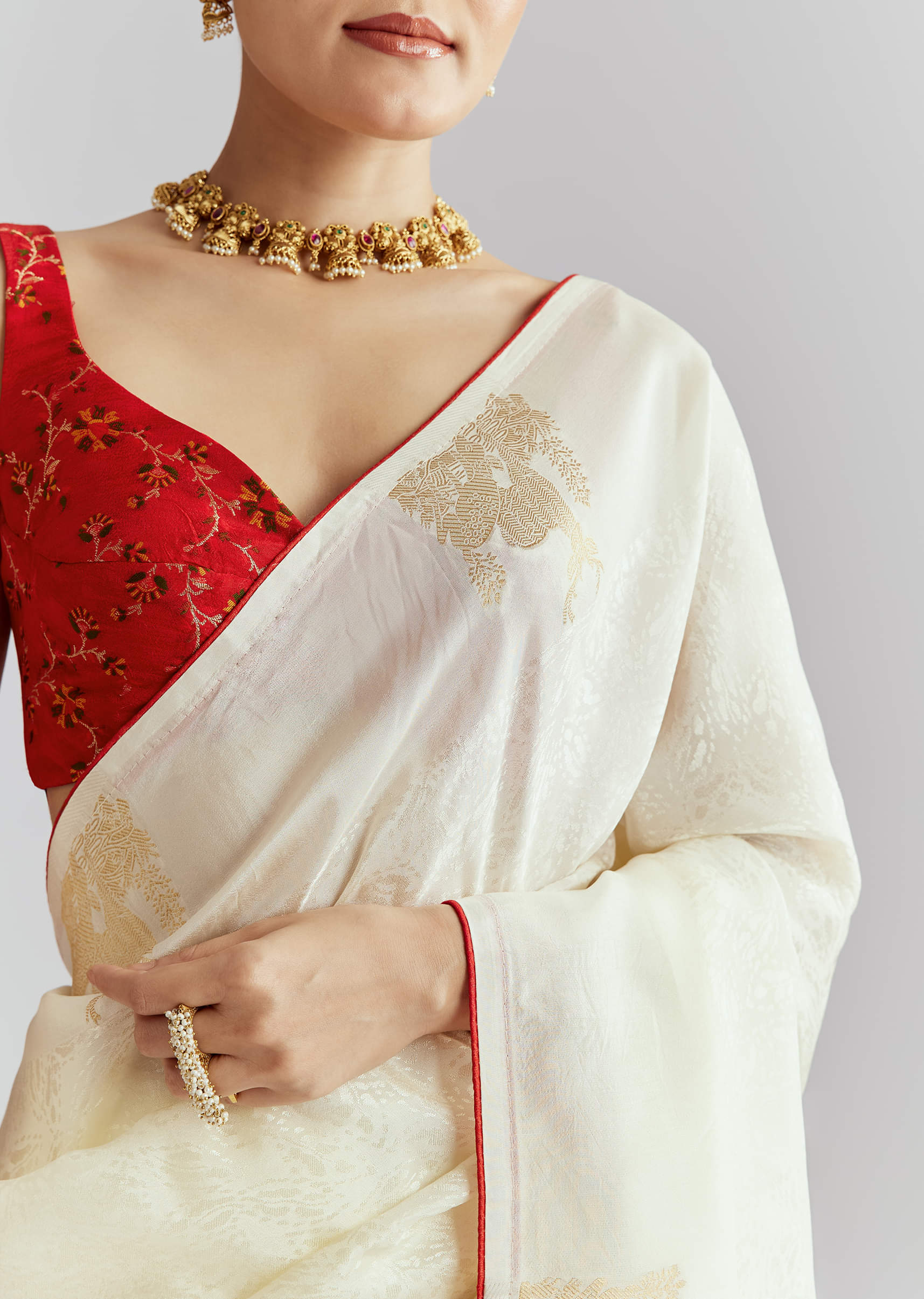 Off White Jacquard Silk Woven Saree With Zari Embroidery