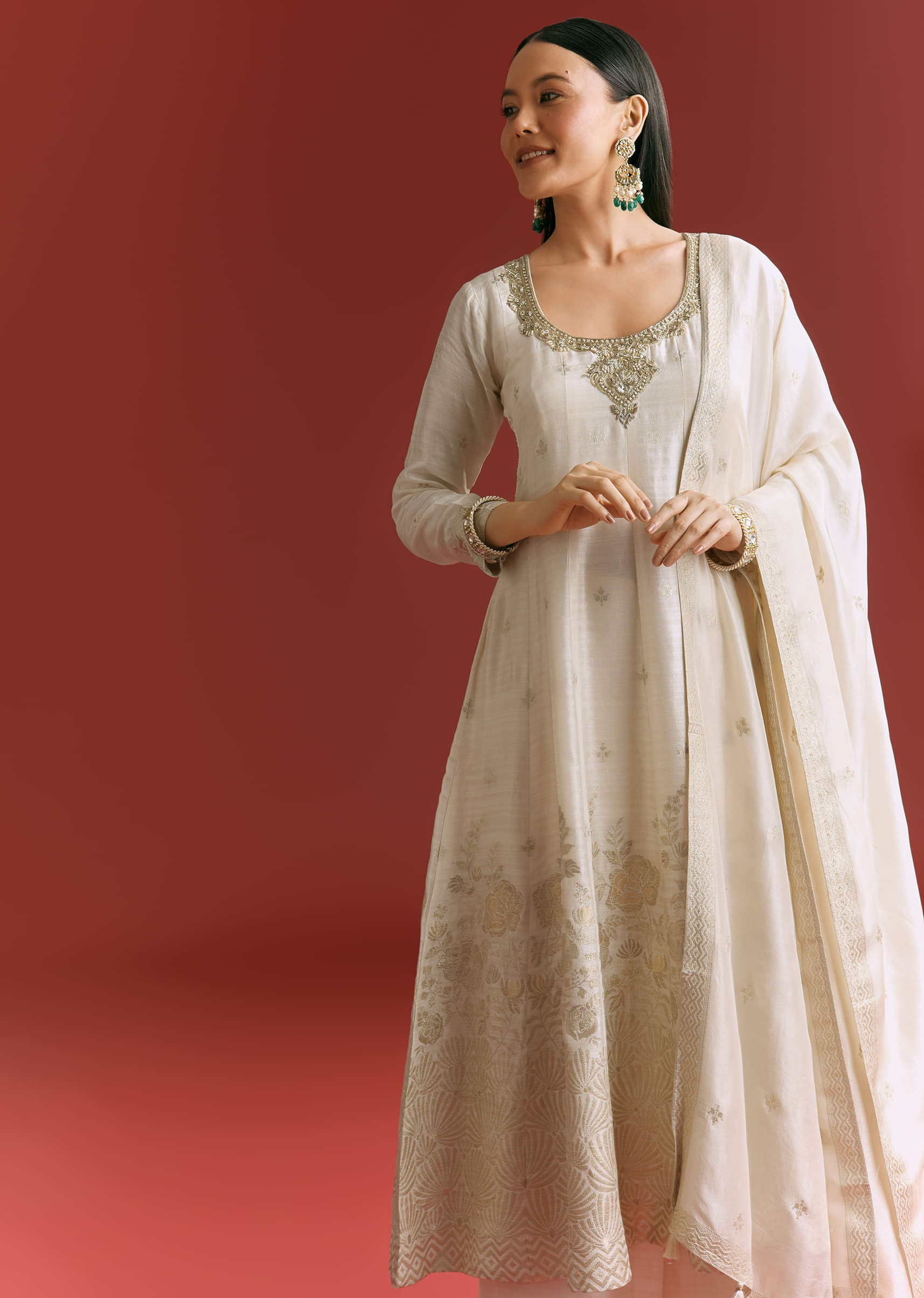 Off White Jaquard Silk Anarkali Suit With Dupatta Off White Jaquard Silk Anarkali Suit With Dupatta