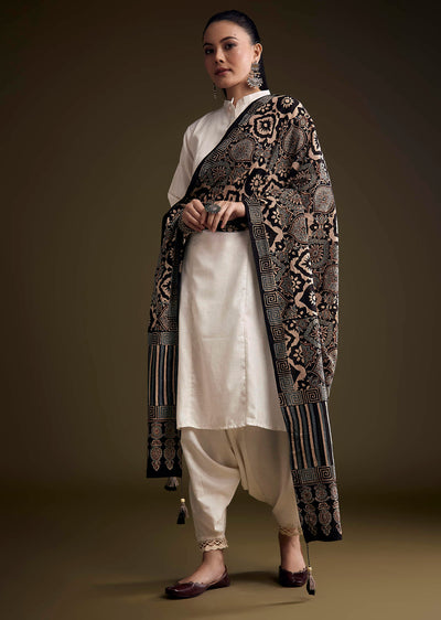 Off White Khadi Dhoti Suit With Black Hand Dyed Ajrakh Dupatta