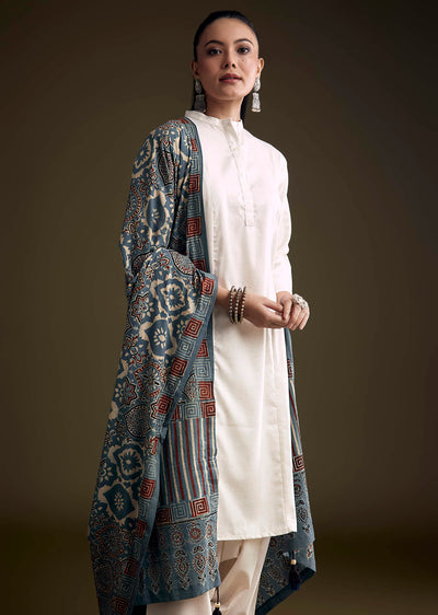 Off White Khadi Dhoti Suit With Blue Hand Dyed Ajrakh Dupatta
