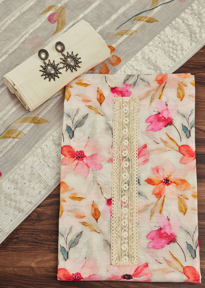 Off White Linen Unstitched Suit Set With Floral Print And Lace Detailing