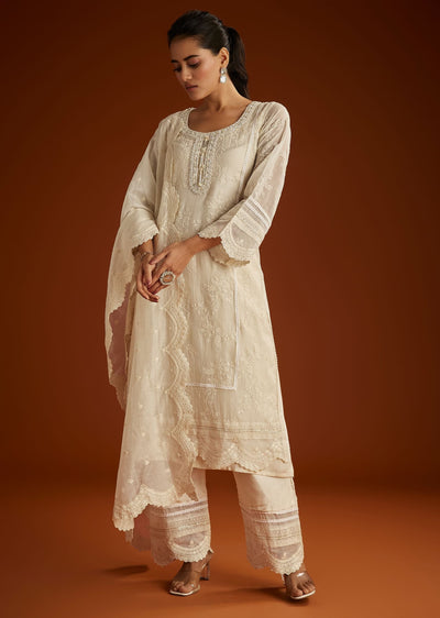 Off White Mul Chanderi Embroidered Kurta Dupatta Set