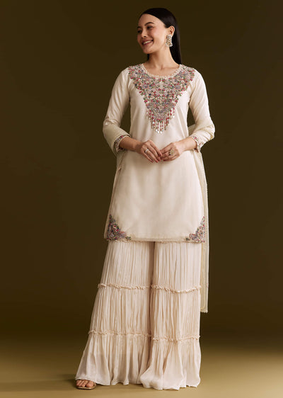 Off White Organza Embroidered Kurta Set With Dupatta