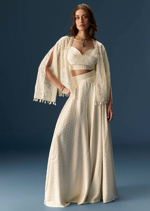 Off White Palazzo Suit With Full Sleeved Jacket And Fancy Neck Bustier
