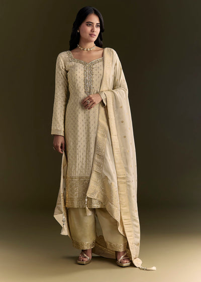 Off White Sequin Zardosi Kurta With Zari Badla Work Border Dupatta