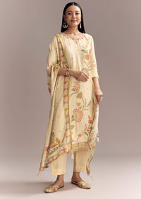 Off White Silk Kurta Set With Floral Print