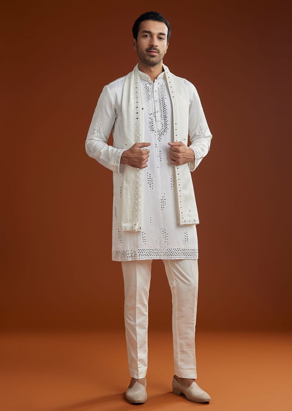 Off White Silk Mirrorwork Kurta Set With Dupatta