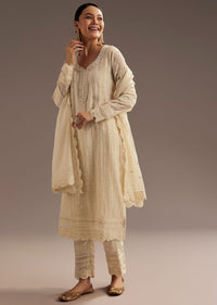 Off White Thread Motiwork Chanderi Kurta Dupatta Set